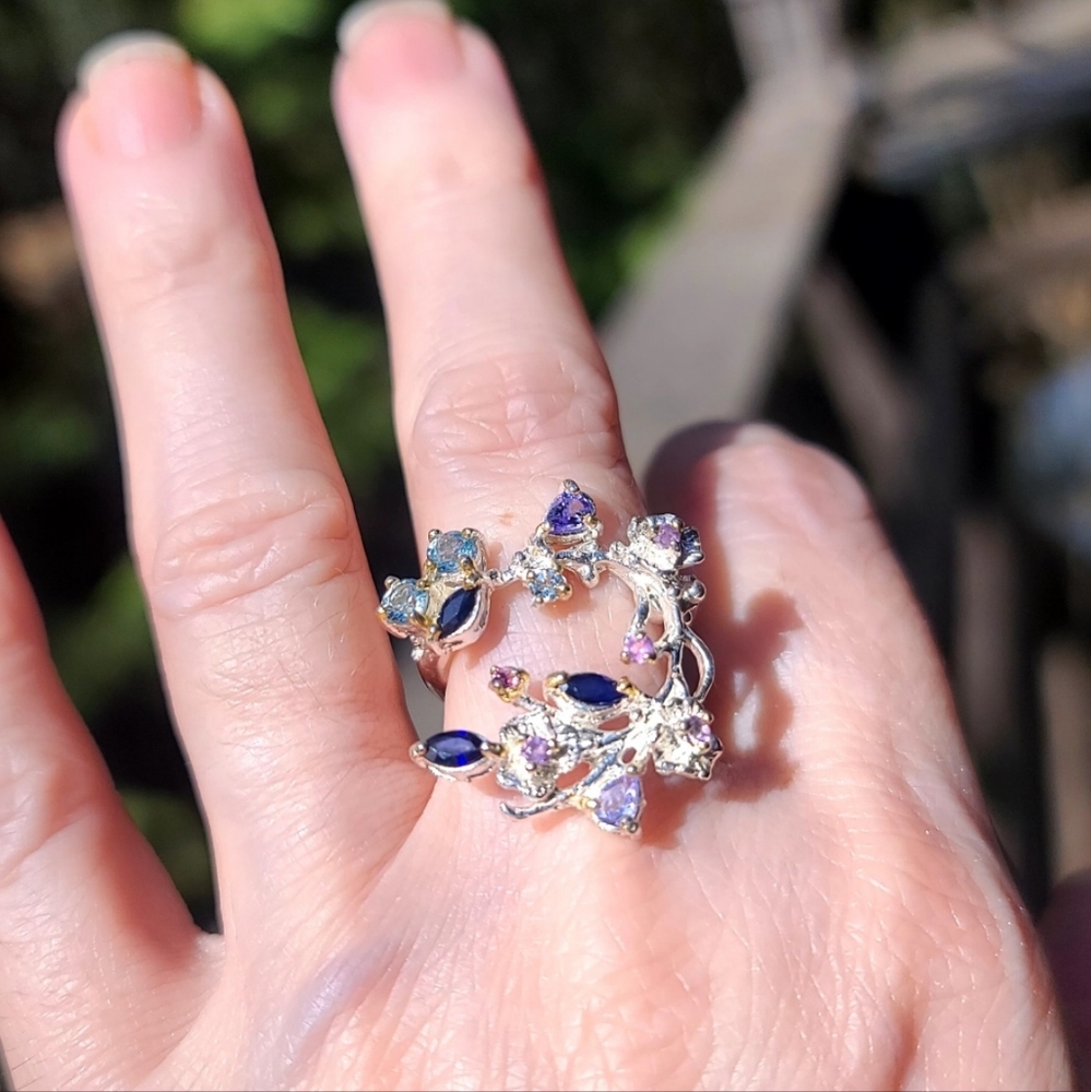 Sapphire Amethyst Tanzanite &Topaz Floral wreath Sterling Ring sz6.75 - Picture 3 of 10
